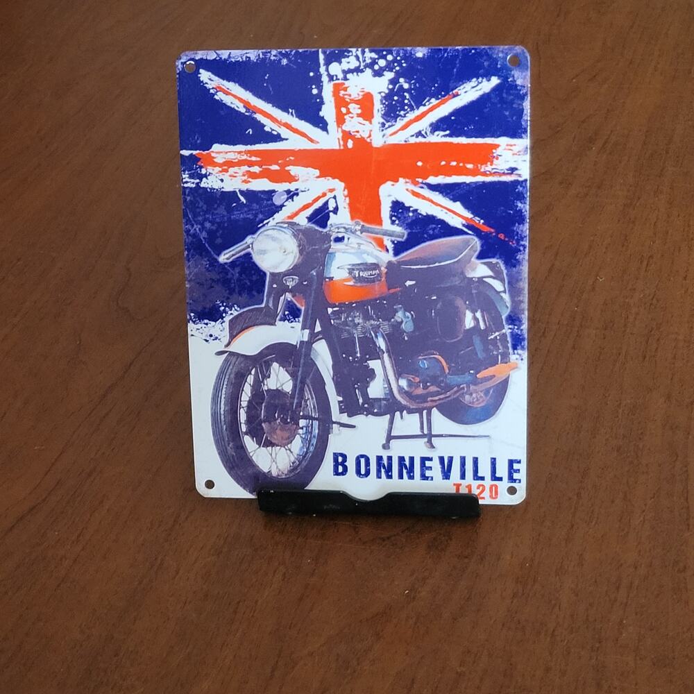 Vintage Retro Style Metal Tin Sign Bonneville T120 Motorcycle w/ British Flag